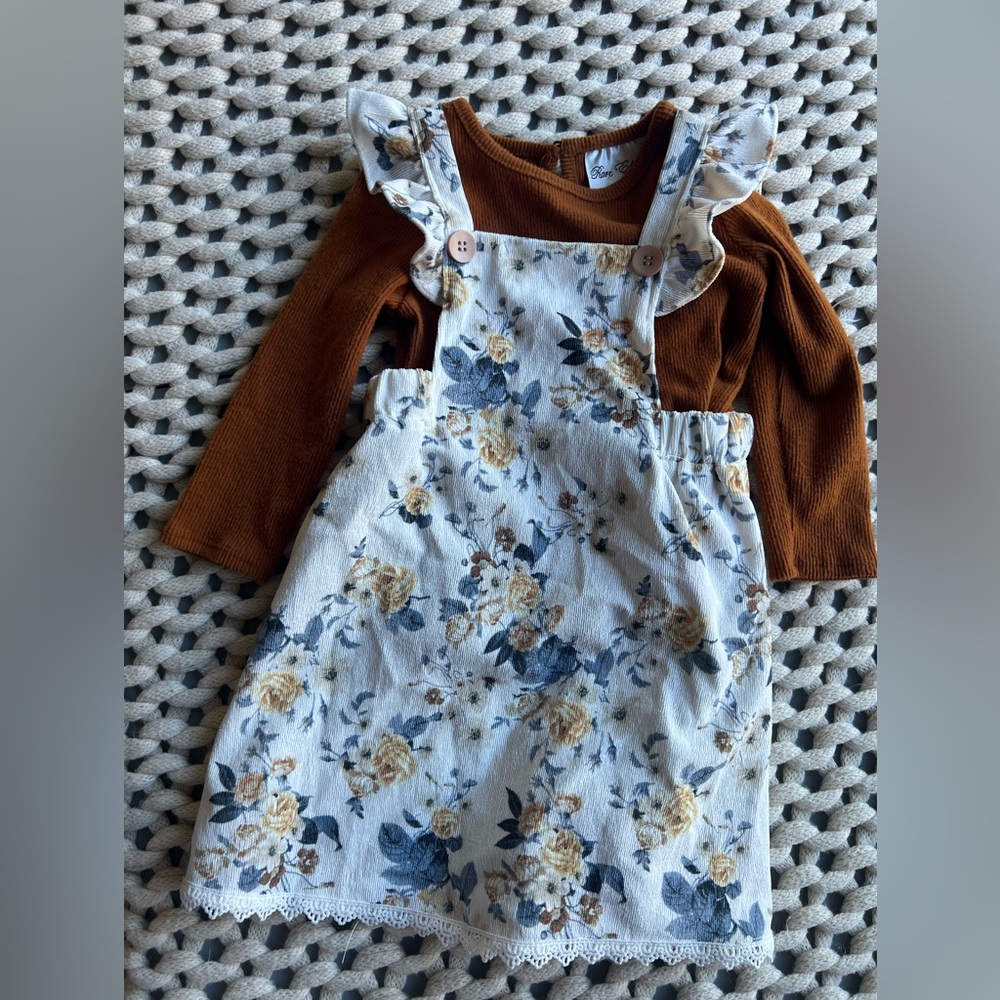 Rare Editions 3T Floral Pinafore Dress with Brown Top